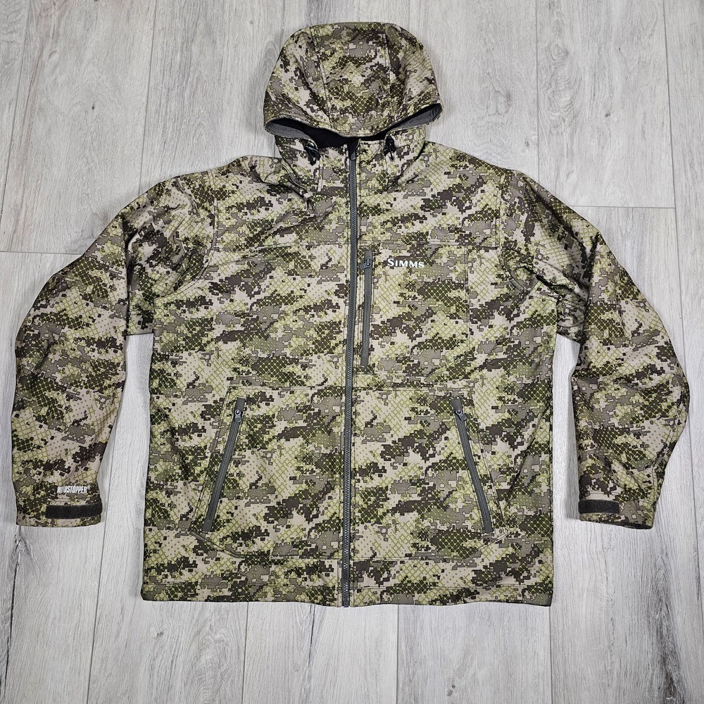 Simms Windstopper Jacket Mens Extra Large Green Camo Softshell Full Zip Hoodie
